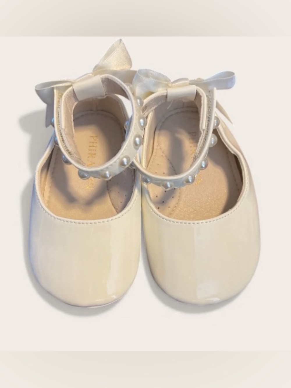 Phiramin Baby Dress Shoes with Pearl Accent & Bow Ankle Strap (Size: 9-12M)